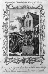 De ceremonie van het leggen van de eerste steen van Blackfriars Bridge door de Lord Mayor en wethouders van de stad Londen, gegraveerd door Charles Grignion, 1760